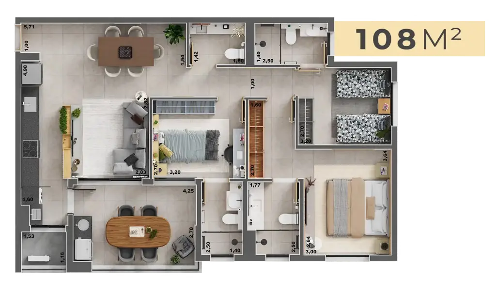 Planta humanizada apartamento 108m² – 3 suítes Solaris Residencial