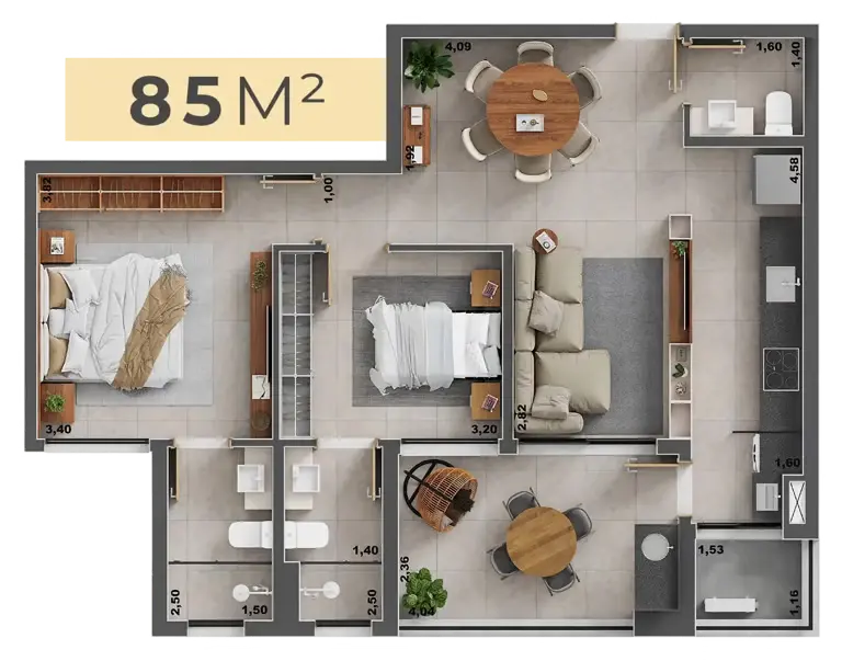 Planta humanizada apartamento 85m² – 2 suítes Solaris Residencial